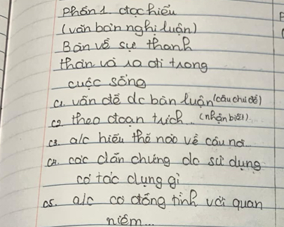 phon 1 cochieu
F
(vàn bonnghiluán)
Ban ve su thank
thàn va na oh trong
cucc sone
a ván dē dcbàn luán(cāuchu(ō)
ao theo ccan thch. (nRànbign)
cs. alc hiéu thé nào vè cáu no
aa. coc clán chving do sc dung
cotac dung gì
as. alc co dóng hink vèi quan
niém.