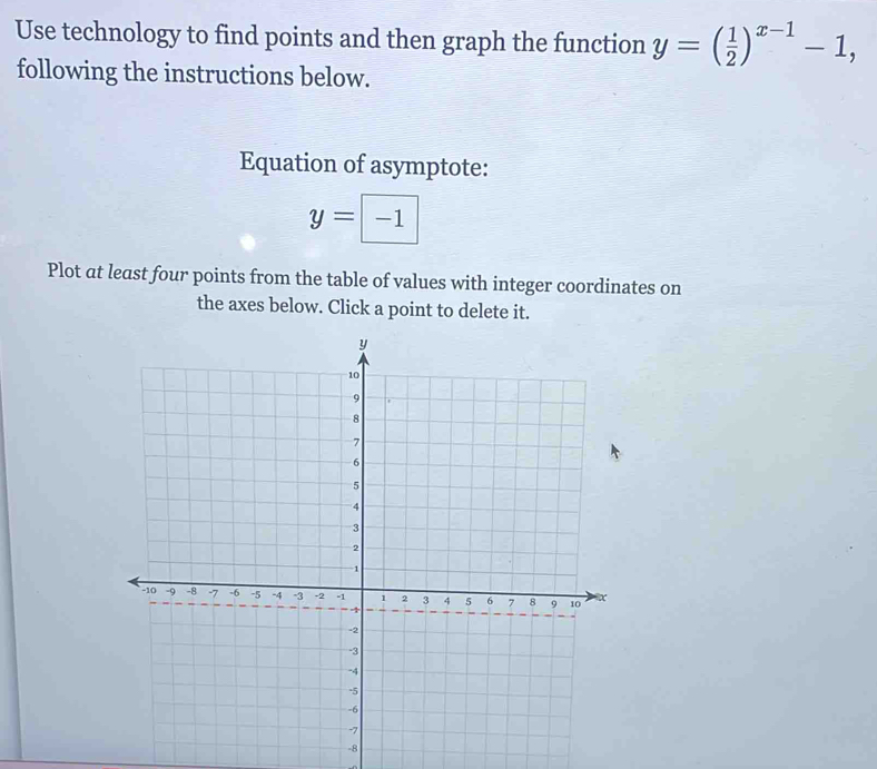 Use technology to find points and then graph the function y=( 1/2 )^x-1-1, 
following the instructions below. 
Equation of asymptote:
y=-1
Plot at least four points from the table of values with integer coordinates on 
the axes below. Click a point to delete it.
-8