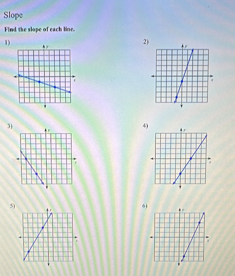 Slope 
Find the slope of each line. 
1) 
2) 
3) 
4) 
5) 
6)