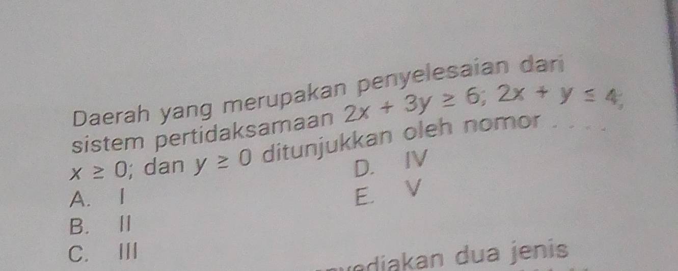 Daerah yang merupakar
sistem pertidaksamaan 2x+3y≥ 6; 2x+y≤ 4;
x≥ 0; dan y≥ 0 ditunjukkan oleh nomor
“
D. IV
A. I
E. V
B. Ⅱ
C. Ⅲ
un diakan dua jenis