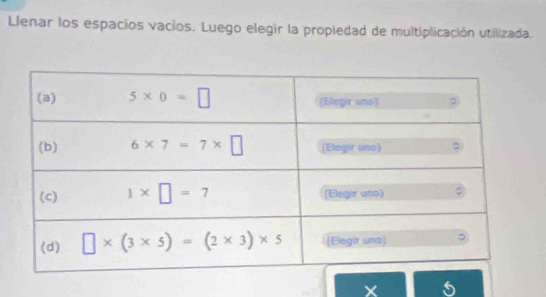 Llenar los espacios vacios. Luego elegir la propiedad de multiplicación utillizada.
X