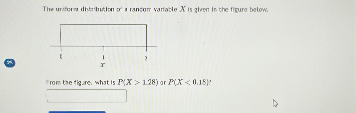 The uniform distribution of a random variable X is given in the figure below.
25
From the figure, what is P(X>1.28) or P(X<0.18) ?