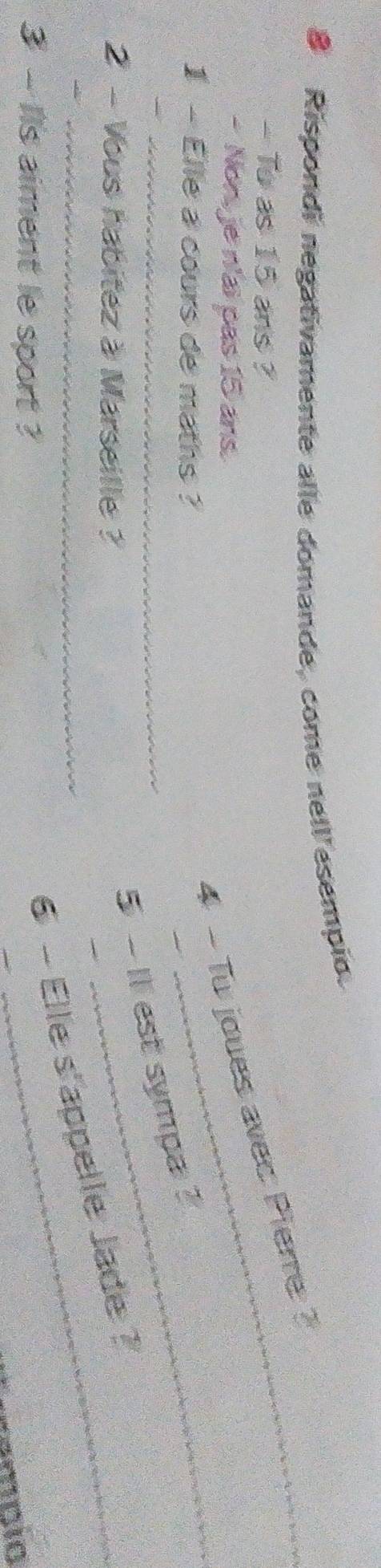 Rispondi negativamente alle domande, come nell esempio. 
- To as 15 ans ? 
- Non, je n'ai pas 15 ans. 
1 - Elle a cours de maths ? 
4 - Tu joues avec Pierre ? 
2 - Vous habitez à Marseille ? 
_ 
_5 - Il est sympa ? 
3 - Iis aiment le sport ? 
_6 - Elle s'appelle Jade ? 
Camnia