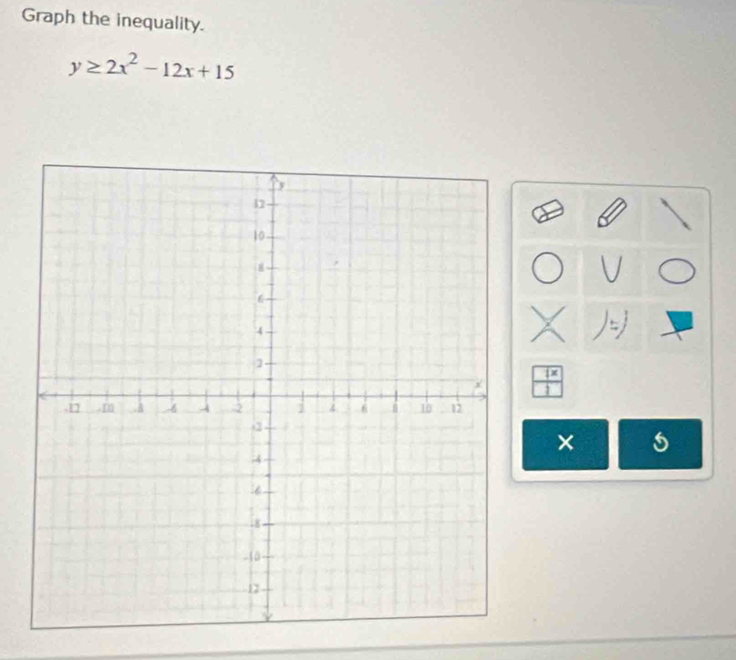 Graph the inequality.
y≥ 2x^2-12x+15
frac |x| 1
×