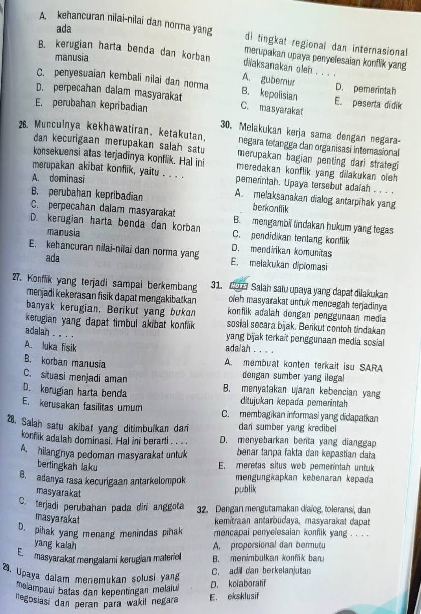 ada
A. kehancuran nilai-nilai dan norma yang di tingkat regional dan internasional
manusia
merupakan upaya penyelesaian konflik yang
B. kerugian harta benda dan korban dilaksanakan oleh . . . .
A. gubernur D. pemerintah
C. penyesuaian kembali nilai dan norma B. kepolisian _E. peserta didik
D. perpecahan dalam masyarakat C. masyarakat
E. perubahan kepribadian
30. Melakukan kerja sama dengan negara-
26. Munculnya kekhawatiran, ketakutan, negara tetangga dan organisasi internasional
dan kecurigaan merupakan salah satu merupakan bagian penting dari strategi
konsekuensi atas terjadinya konflik. Hal ini meredakan konflik yang dilakukan oleh
A. dominasi
merupakan akibat konflik, yaitu . . . . pemerintah. Upaya tersebut adalah . . . .
A. melaksanakan dialog antarpihak yang
B. perubahan kepribadian berkonflik
C. perpecahan dalam masyarakat B. mengambil tindakan hukum yang tegas
D. kerugian harta benda dan korban C. pendidikan tentang konflik
manusia D. mendirikan komunitas
E. kehancuran nilai-nilai dan norma yang E. melakukan diplomasi
ada
27. Konflik yang terjadi sampai berkembang 31. CO  Salah satu upaya yang dapat dilakukan
menjadi kekerasan fisik dapat mengakibatkan oleh masyarakat untuk mencegah terjadinya
banyak kerugian. Berikut yang bukan konflik adalah dengan penggunaan media
kerugian yang dapat timbul akibat konflik sosial secara bijak. Berikut contoh tindakan
adalah . . . . yang bijak terkait penggunaan media sosial
A. luka fisik
adalah . . . .
B. korban manusia
A. membuat konten terkait isu SARA
dengan sumber yang ilegal
C. situasi menjadi aman B. menyatakan ujaran kebencian yang
D. kerugian harta benda ditujukan kepada pemerintah
E. kerusakan fasilitas umum C. membagikan informasi yang didapatkan
28. Salah satu akibat yang ditimbulkan dari dari sumber yang kredibel
konflik adalah dominasi. Hal ini berarti . . . . D. menyebarkan berita yang dianggap
A. hilangnya pedoman masyarakat untuk benar tanpa fakta dan kepastian data
bertingkah laku E. meretas situs web pemerintah untuk
B. adanya rasa kecurigaan antarkelompok mengungkapkan kebenaran kepada
masyarakat
publik
C. terjadi perubahan pada diri anggota 32. Dengan mengutamakan dialog, toleransi, dan
masyarakat kemitraan antarbudaya, masyarakat dapat
D. pihak yang menang menindas pihak mencapai penyelesaian konflik yang . . . .
yang kalah A. proporsional dan bermutu
E. masyarakat mengalami kerugian materiel B. menimbulkan konflik baru
29. Upaya dalam menemukan solusi yang C. adil dan berkelanjutan
melampaui batas dan kepentingan melalui D. kolaboratif
negosiasi dan peran para wakil negara E. eksklusif