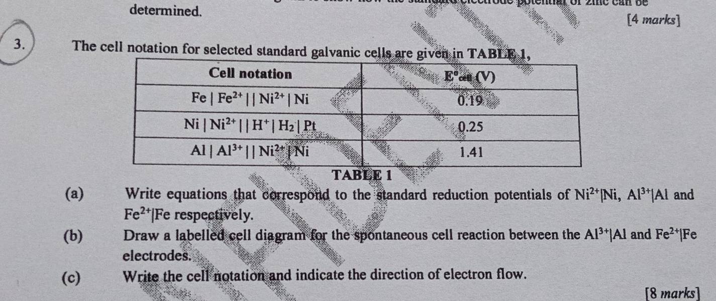 determined.
pptentat or 2
[4 marks]
3. The cell notation for selected standard galvanic cells are given in TABL
TABLE 1
(a) Write equations that correspond to the standard reduction potentials of Ni^(2+)|Ni,Al^(3+)|Al and
Fe^(2+)|F Fe respectively.
(b) Draw a labelled cell diagram for the spontaneous cell reaction between the Al^(3+)|Al and Fe^(2+)|Fe
electrodes.
(c) Write the cell notation and indicate the direction of electron flow.
[8 marks]