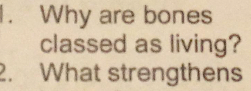 Why are bones 
classed as living? 
2. What strengthens