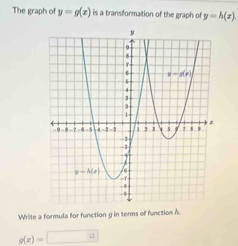 The graph of y=g(x) is a transformation of the graph of y=h(x).
Write a formula for functiong in terms of function h.
g(x)= □ ::