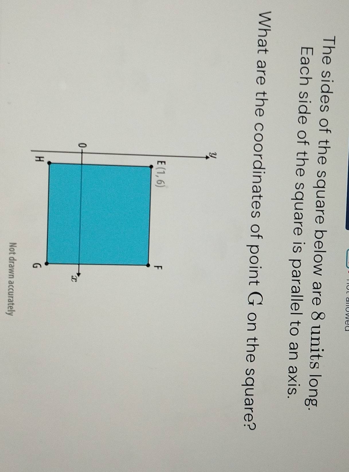 wea
The sides of the square below are 8 units long.
Each side of the square is parallel to an axis.
What are the coordinates of point G on the square?
Not drawn accurately