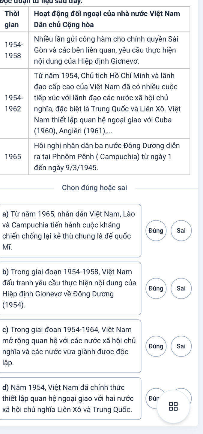 Độc đoạn từ liệu sau đay. 
T 
gi 
19 
1
19
1 
1 
a) Từ năm 1965, nhân dân Việt Nam, Lào 
và Campuchia tiến hành cuộc kháng Đúng Sai 
chiến chống lại kẻ thù chung là đế quốc 
Mĩ. 
b) Trong giai đoạn 1954-1958, Việt Nam 
đấu tranh yêu cầu thực hiện nội dung của Đúng Sai 
Hiệp định Giơnevơ về Đông Dương 
(1954). 
c) Trong giai đoạn 1954-1964, Việt Nam 
mở rộng quan hệ với các nước xã hội chủ 
nghĩa và các nước vừa giành được độc Đúng Sai 
lập. 
d) Năm 1954, Việt Nam đã chính thức 
thiết lập quan hệ ngoại giao với hai nước Đúr 
□□ 
xã hội chủ nghĩa Liên Xô và Trung Quốc. 
□□