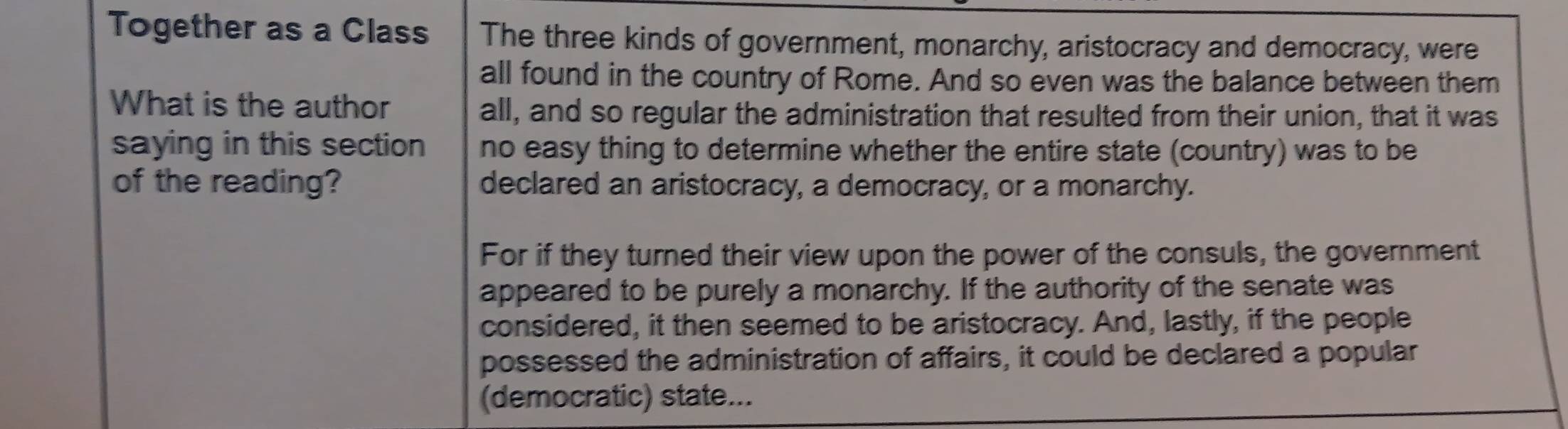 Together as a Class The three kinds of government, monarchy, aristocracy and democracy, were 
all found in the country of Rome. And so even was the balance between them 
What is the author all, and so regular the administration that resulted from their union, that it was 
saying in this section no easy thing to determine whether the entire state (country) was to be 
of the reading? declared an aristocracy, a democracy, or a monarchy. 
For if they turned their view upon the power of the consuls, the government 
appeared to be purely a monarchy. If the authority of the senate was 
considered, it then seemed to be aristocracy. And, lastly, if the people 
possessed the administration of affairs, it could be declared a popular 
(democratic) state...