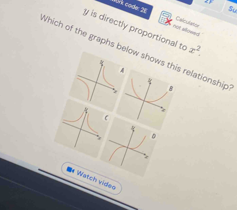 y is directly proportional to x^2. 
not allowed 
Which of the graphs below shows this relationship
y
A 
* ∞
 
D 
* x
Watch vided