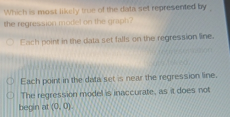 Which is most likely true of the data set represented by 
the regression model on the graph?
Each point in the data set falls on the regression line.
Each point in the data set is near the regression line.
The regression model is inaccurate, as it does not
begin at (0,0).