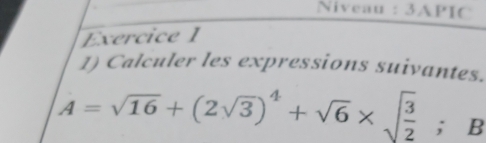 Niveau : 3APIC 
Exercice 1 
1) Calculer les expressions suivantes.
A=sqrt(16)+(2sqrt(3))^4+sqrt(6)* sqrt(frac 3)2; B