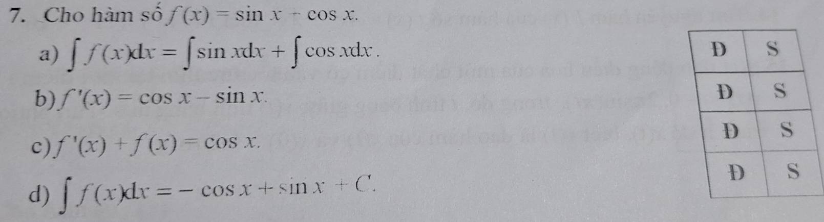 Cho hàm số f(x)=sin x+cos x.
a) ∈t f(x)dx=∈t sin xdx+∈t cos xdx.
b) f'(x)=cos x-sin x.
c) f'(x)+f(x)=cos x.
d) ∈t f(x)dx=-cos x+sin x+C.