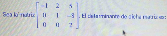 Sea la matriz beginbmatrix -1&2&5 0&1&-8 0&0&2endbmatrix. El determinante de dicha matriz es: