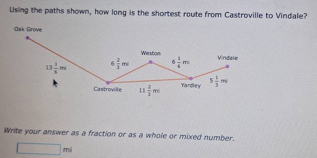 Using the paths shown, how long is the shortest route from Castroville to Vindale? 
Oak Grove 
Weston
13 1/6 mi
6 2/3 mi
6 1/6 mi Vindale 
Castroville 11 2/3 mi Yardley 5 1/3 mi
Write your answer as a fraction or as a whole or mixed number.
□ mi