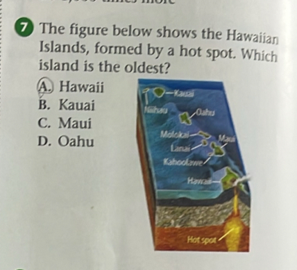 The figure below shows the Hawaiian
Islands, formed by a hot spot. Which
island is the oldest?
A. Hawaii
B. Kauai
C. Maui
D. Oahu