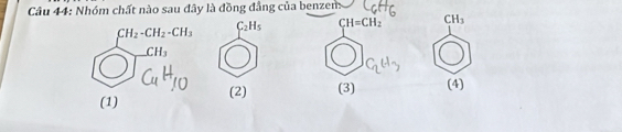 Nhóm chất nào sau đây là đồng đẳng của benzen
C_2H_5 CH=CH_2 CH_3
CH_2-CH_2-CH_3
CH_3
C_2H_3
(1) (2) (3) (4)