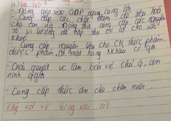 Vai tro d oun 
Dong gop vao Gpp ngay, cang lin 
Cang cap cac cha exam 
de diéu haá 
cho can Ag nong tha, coing cap carc nguger 
rò vi lòng de háp thu do lǎ cho suc 
Ichoe 
o Gung cap, nquyén lieu cho cN) Thurc pham. 
ducc pham, ce mài háng xKhàu có `gùn 
Giài qugèi vc lam, bào vè chu overline q ,an 
ninh agi 
-Cung cap thic an cho chān nuār. . 
lag và vè fung vai orò