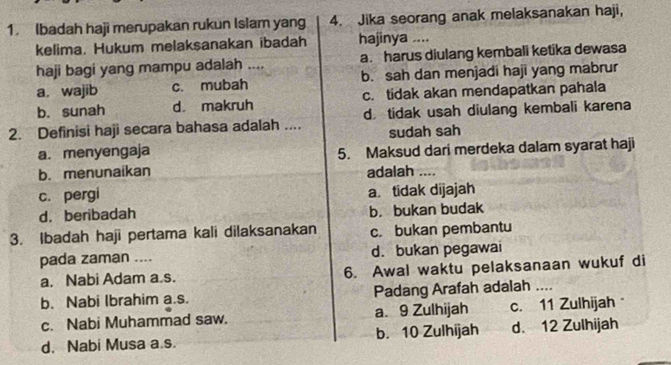 Ibadah haji merupakan rukun Islam yang 4. Jika seorang anak melaksanakan haji,
kelima. Hukum melaksanakan ibadah hajinya ....
haji bagi yang mampu adalah .... a. harus diulang kembali ketika dewasa
a. wajib c. mubah b. sah dan menjadi haji yang mabrur
b. sunah d. makruh c. tidak akan mendapatkan pahala
2. Definisi haji secara bahasa adalah .... d tidak usah diulang kembali karena
sudah sah
a. menyengaja 5. Maksud dari merdeka dalam syarat haji
b. menunaikan adalah ....
c. pergi a. tidak dijajah
d. beribadah b. bukan budak
3. Ibadah haji pertama kali dilaksanakan c. bukan pembantu
pada zaman .... d. bukan pegawai
a. Nabi Adam a.s. 6. Awal waktu pelaksanaan wukuf di
b. Nabi Ibrahim a.s. Padang Arafah adalah ....
c. Nabi Muhammad saw. a. 9 Zulhijah c. 11 Zulhijah
d. Nabi Musa a.s. b. 10 Zulhijah d. 12 Zulhijah