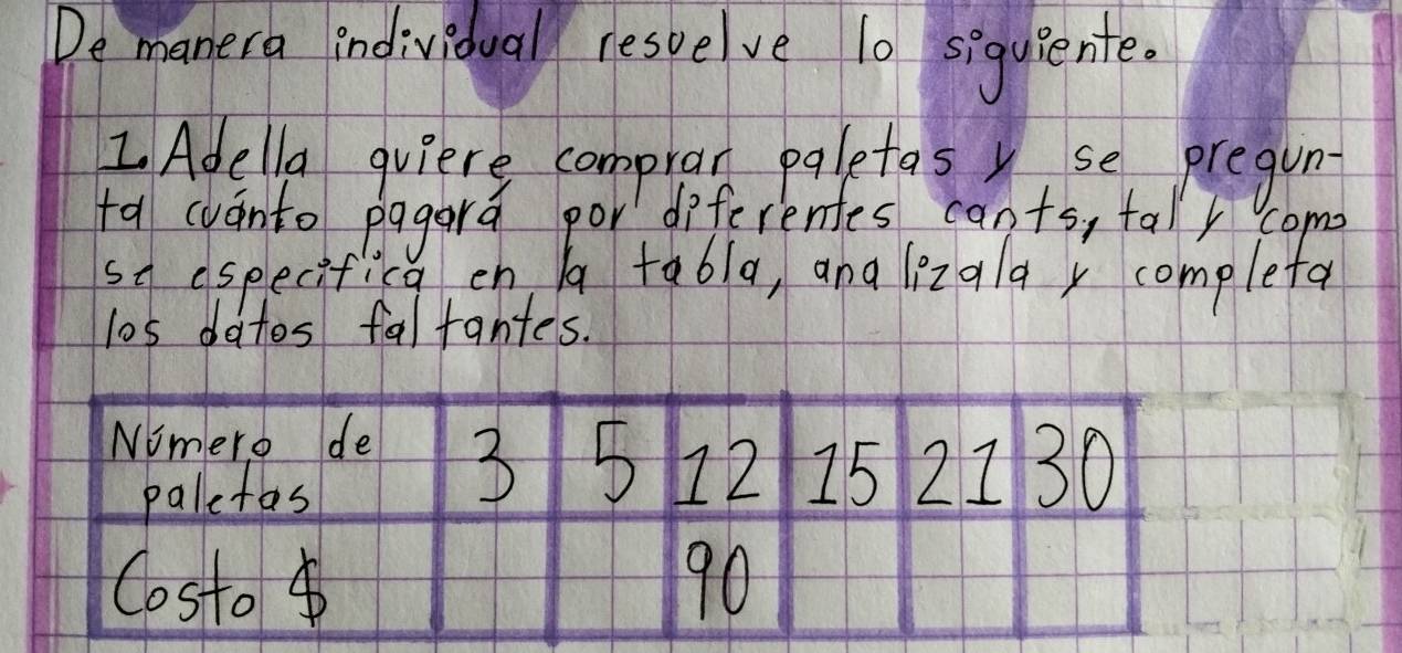 De manera individuall resvelve 10 siquiente. 
I Adella quiere compran paletas se pregunt 
ta wvánto pagara por ddiferentes cants, talk come 
so especificg en a tabla, ana liz9l9, completa 
los datos faltantes.