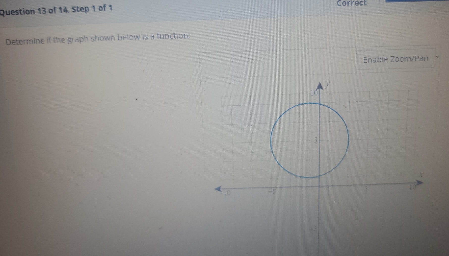 of 14, Step 1 of 1 
Correct 
Determine if the graph shown below is a function: 
Enable Zoom/Pan