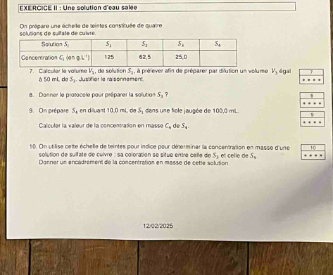 EXERCICE II : Une solution d'eau salée
On prépare une échelle de teintes constituée de quatre
solutions de sulfate de cuivre
7. Calculer le volume V_1 , de sollution overline S_1 à à prélever afin de préparer par dilution un volume V_3 égal 7
à 50 mL de S,. Justifier le raisonnement.
B. Donner le protocole pour préparer la solution S_3 7
9. On prépare S_4 en diluant 10,0 mL de S_1 dans une fiole jaugée de 100,0 mL.
9
Calculer la valeur de la concentration en masse C_4 de S_4.
10. On utilise cette échelle de teintes pour indice pour déterminer la concentration en masse d'une 10
solution de sulfate de cuivre : sa coloration se situe entre celle de S_3 et celle de S_4.
Donner un encadrement de la concentration en masse de cette solution.
12/02/2025