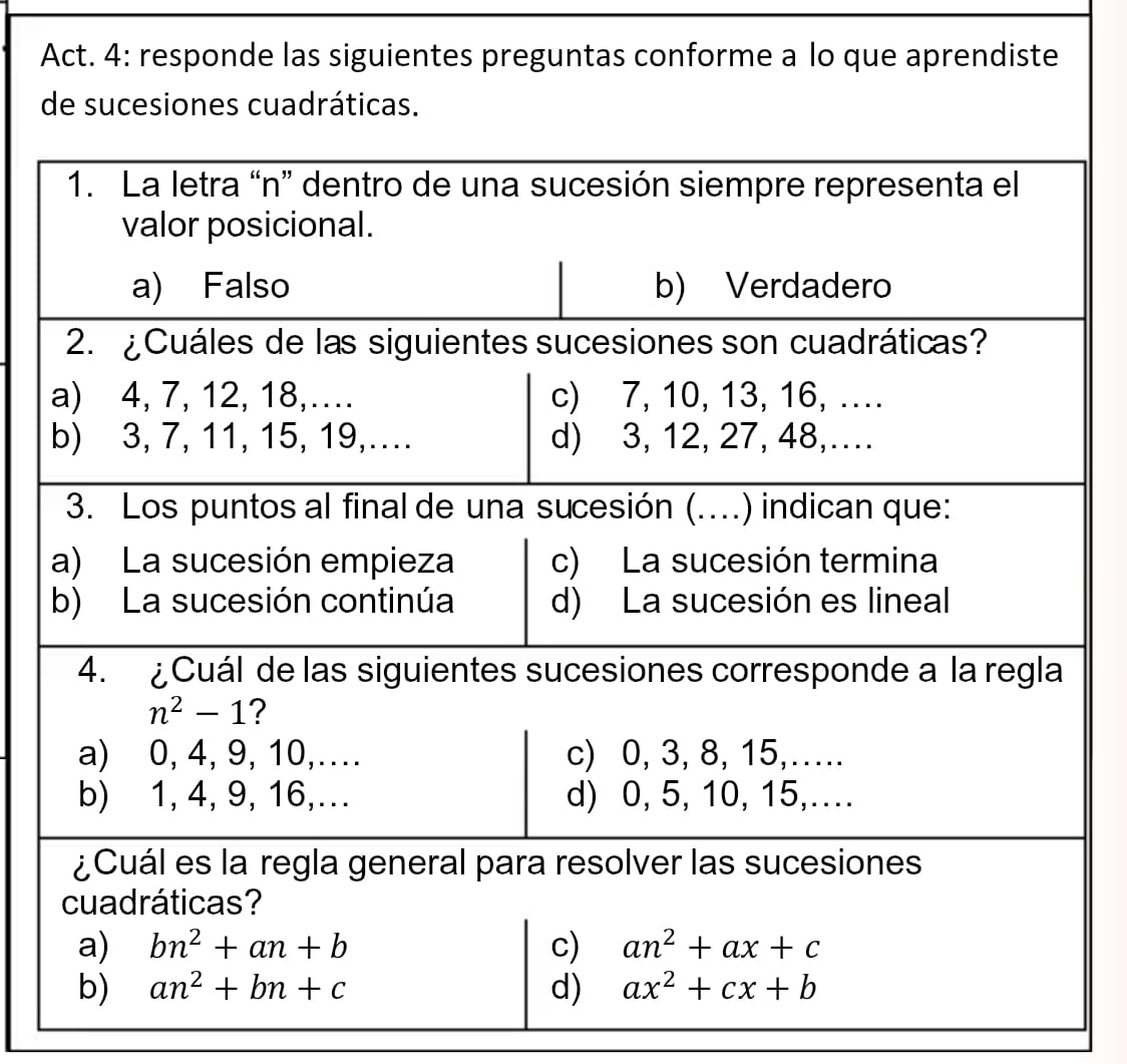 Act. 4: responde las siguientes preguntas conforme a lo que aprendiste
de sucesiones cuadráticas.
1. La letra “ n ” dentro de una sucesión siempre representa el
valor posicional.
a) Falso b) Verdadero
2. ¿Cuáles de las siguientes sucesiones son cuadráticas?
a) 4, 7, 12, 18,…. c) 7, 10, 13, 16, ….
b) 3, 7, 11, 15, 19,… d) 3, 12, 27, 48,…
3. Los puntos al final de una sucesión (....) indican que:
a) La sucesión empieza c) La sucesión termina
b) La sucesión continúa d) La sucesión es lineal
4. ¿Cuál de las siguientes sucesiones corresponde a la regla
n^2-1 ?
a) 0, 4, 9, 10,….. c) 0, 3, 8, 15,….
b) 1, 4, 9, 16,... d) 0, 5, 10, 15,…..
¿Cuál es la regla general para resolver las sucesiones
cuadráticas?
a) bn^2+an+b c) an^2+ax+c
b) an^2+bn+c d) ax^2+cx+b