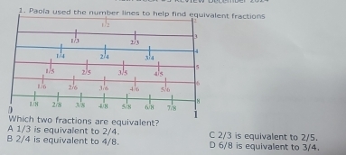 Paola used the number lines to help find equivalent fractions
1/2
1/3 2/3
4
1/4 2/4 3/4
5
1/s 2/5 3.5 4/5
1/6 2/6 3.6 4/6 5.6
-8
D 1/8 2/8 3/8 4/8 5/8 6/8 7/8 1
Which two fractions are equivalent?
A 1/3 is equivalent to 2/4. C 2/3 is equivalent to 2/5.
B 2/4 is equivalent to 4/8. D 6/8 is equivalent to 3/4.