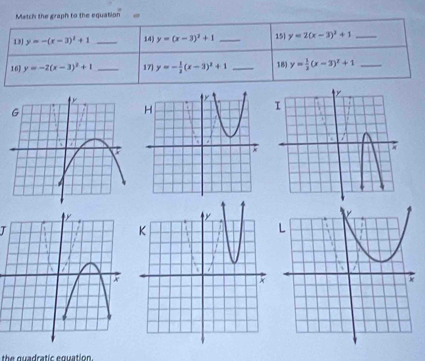 Match the graph to the equation
I
th   q  adratic equation.