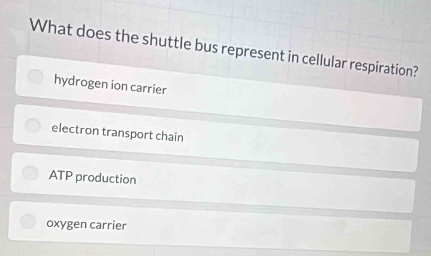 What does the shuttle bus represent in cellular respiration?
hydrogen ion carrier
electron transport chain
ATP production
oxygen carrier