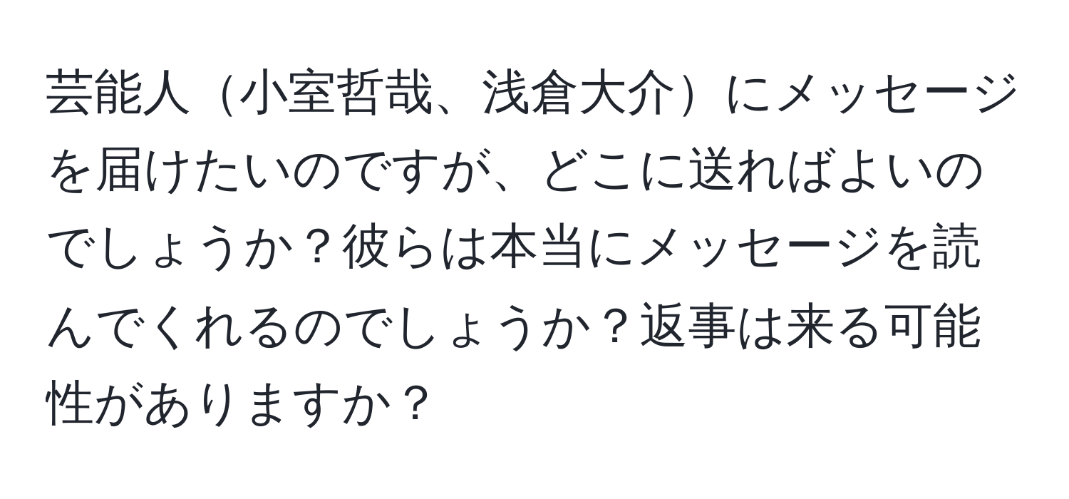 芸能人小室哲哉、浅倉大介にメッセージを届けたいのですが、どこに送ればよいのでしょうか？彼らは本当にメッセージを読んでくれるのでしょうか？返事は来る可能性がありますか？