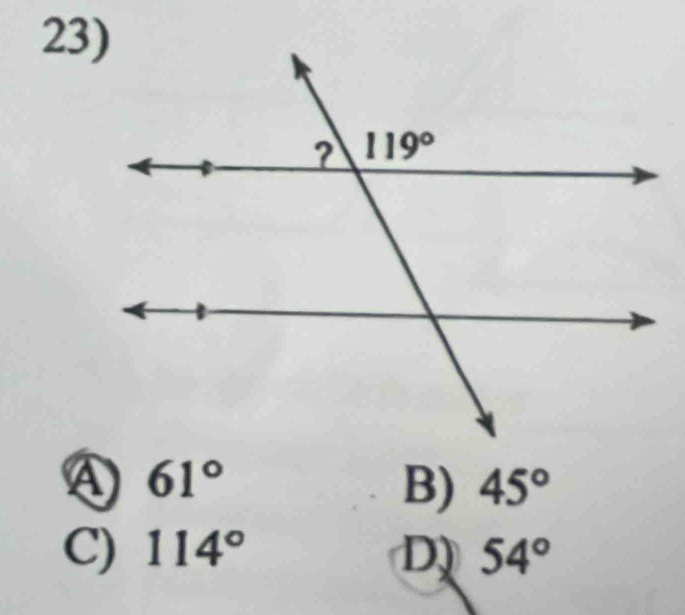 ④ 61°
B) 45°
C) 114° D 54°