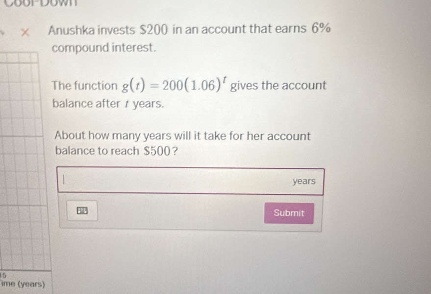 coordown 
Anushka invests $200 in an account that earns 6%
compound interest. 
The function g(t)=200(1.06)^t gives the account 
balance after t years. 
About how many years will it take for her account 
balance to reach $500 ？
years
Submit
15
ime (years)