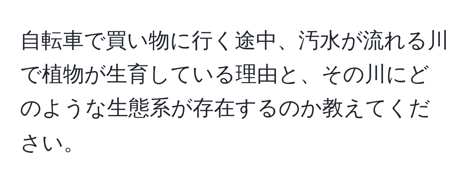 自転車で買い物に行く途中、汚水が流れる川で植物が生育している理由と、その川にどのような生態系が存在するのか教えてください。