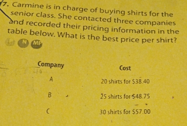 Carmine is in charge of buying shirts for the
senior class. She contacted three companies
and recorded their pricing information in the
table below. What is the best price per shirt?
N M
Company
Cost
A 20 shirts for $38.40
B 25 shirts for $48.75
( 30 shirts for $57.00