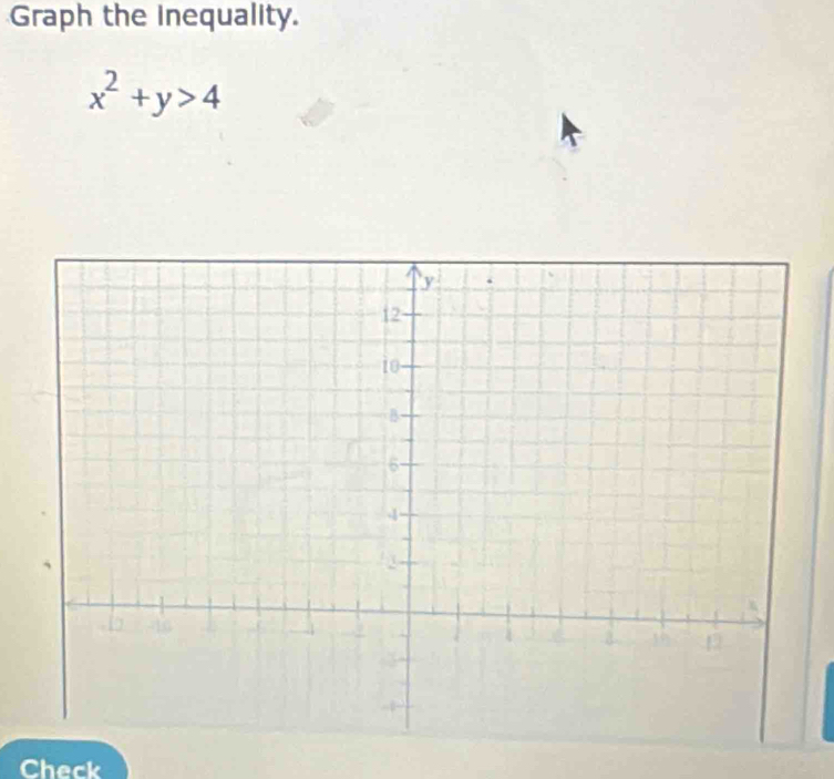 Graph the inequality.
x^2+y>4
Check