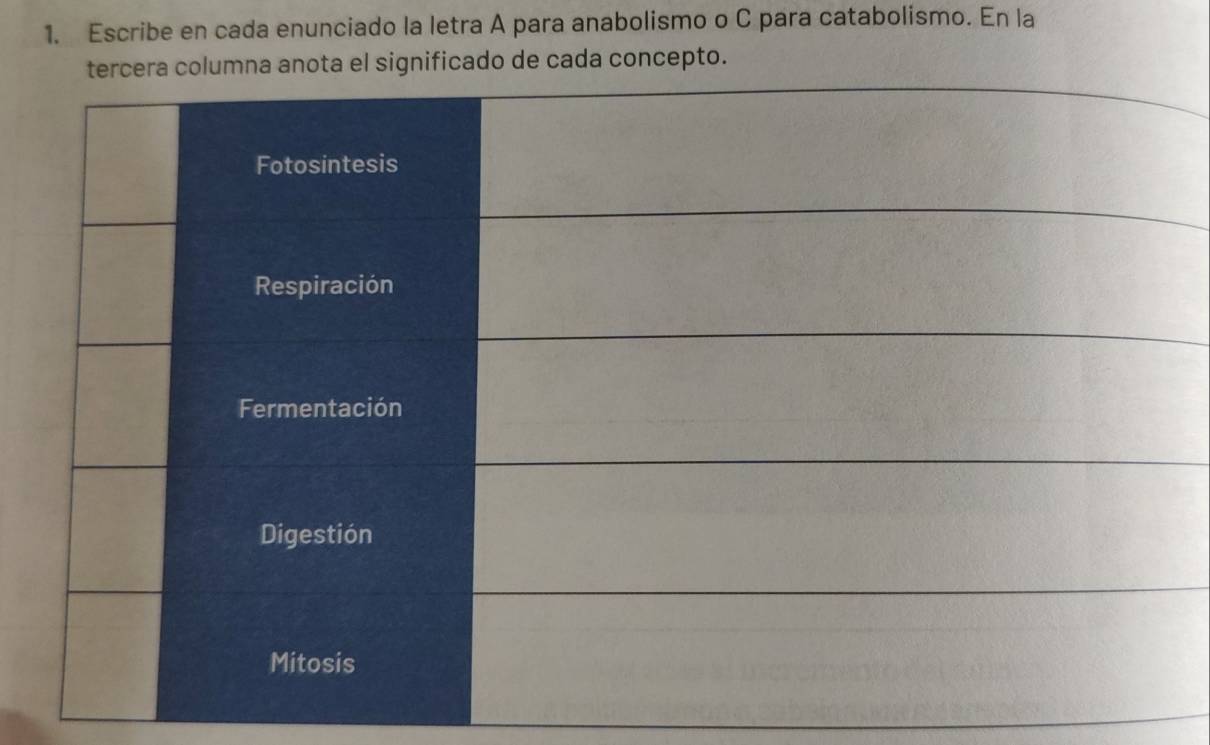 Escribe en cada enunciado la letra A para anabolismo o C para catabolismo. En la 
anota el significado de cada concepto.