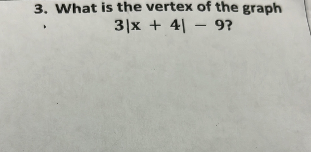 What is the vertex of the graph
3|x+4|-9 ?