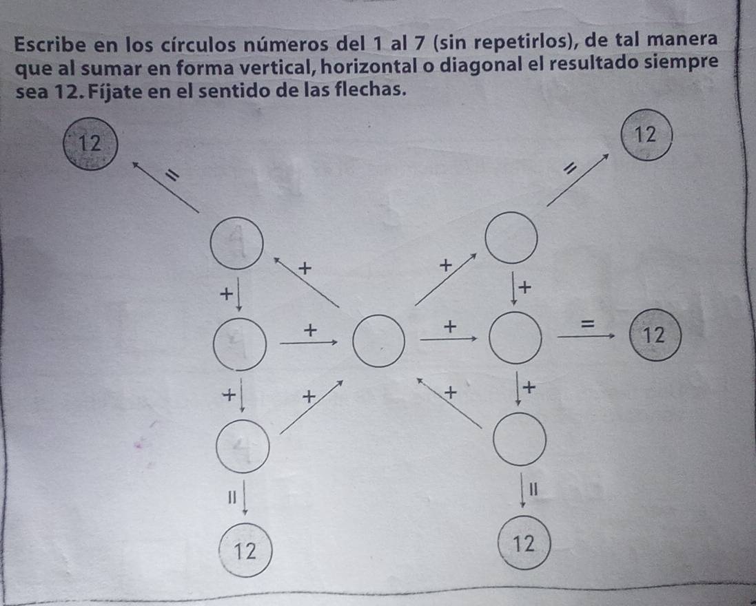 Escribe en los círculos números del 1 al 7 (sin repetirlos), de tal manera 
que al sumar en forma vertical, horizontal o diagonal el resultado siempre 
sea 12. Fíjate en el sentido de las flechas. 
12