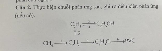 pn 
Câu 2. Thực hiện chuỗi phản ứng sau, ghi rõ điều kiện phản ứng 
(nếu có).
C_2H_4leftharpoons C_2H_5OH
↑2
CH_4xrightarrow 1C_2H_2xrightarrow 5C_2H_3Clxrightarrow 6PVC