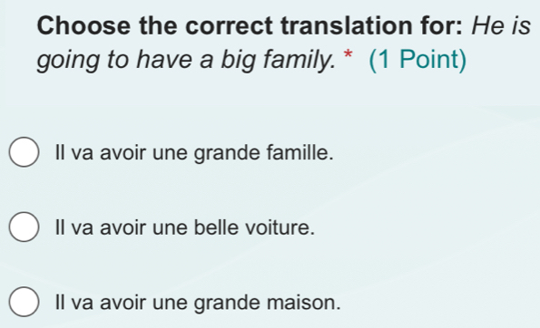 Choose the correct translation for: He is
going to have a big family. * (1 Point)
Il va avoir une grande famille.
Il va avoir une belle voiture.
Il va avoir une grande maison.