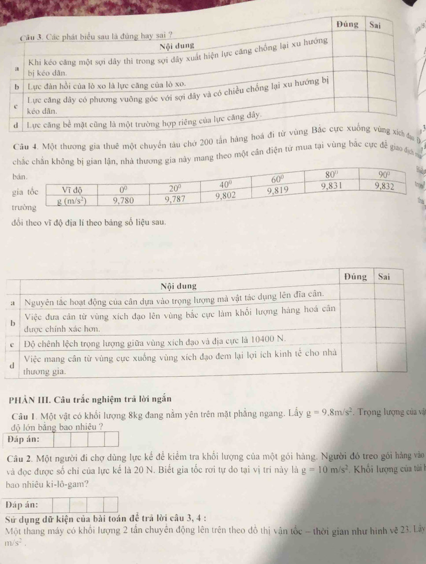 Một thương gia thuê một chuyến tàu chở 200 tần hàng ạo Đ   
chắc chắn không bị gian lận, nhà thương gia này mang theo một cần điện tử mua tại vùng bắc cực đề giao địch m
b
ểu
g
t
?
a
ổi theo vĩ độ địa lí theo bảng số liệu sau.
PHẢN III. Câu trắc nghiệm trả lời ngắn
Câu 1. Một vật có khối lượng 8kg đang nằm yên trên mặt phẳng ngang. Lấy g=9.8m/s^2. Trọng lượng của vậ
độ lớn bằng bao nhiêu ?
Đáp án:
Câu 2. Một người đi chợ dùng lực kế để kiểm tra khối lượng của một gói hàng. Người đó treo gói hàng vào
và đọc được số chỉ của lực kế là 20 N. Biết gia tốc rơi tự do tại vị trí này là g=10m/s^2 Khối lượng của túi l
bao nhiêu ki-lô-gam?
Đáp án:
Sử dụng dữ kiện của bài toán để trả lời câu 3, 4 :
Một thang máy có khối lượng 2 tấn chuyền động lên trên theo đồ thị vận tốc - thời gian như hình về 23. Lây
m/s^2.