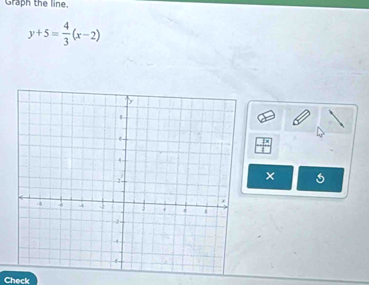 Graph the line.
y+5= 4/3 (x-2)
× 
Check