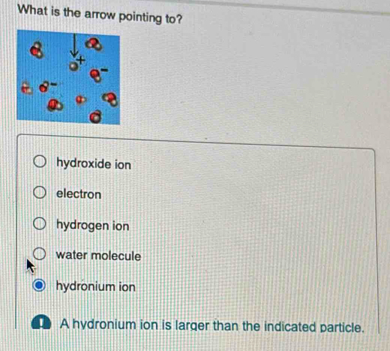 What is the arrow pointing to?
hydroxide ion
electron
hydrogen ion
water molecule
hydronium ion
A hydronium ion is larger than the indicated particle.