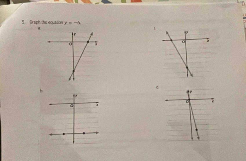 Graph the equation y=-6. 
a 
C. 
d. 
b.