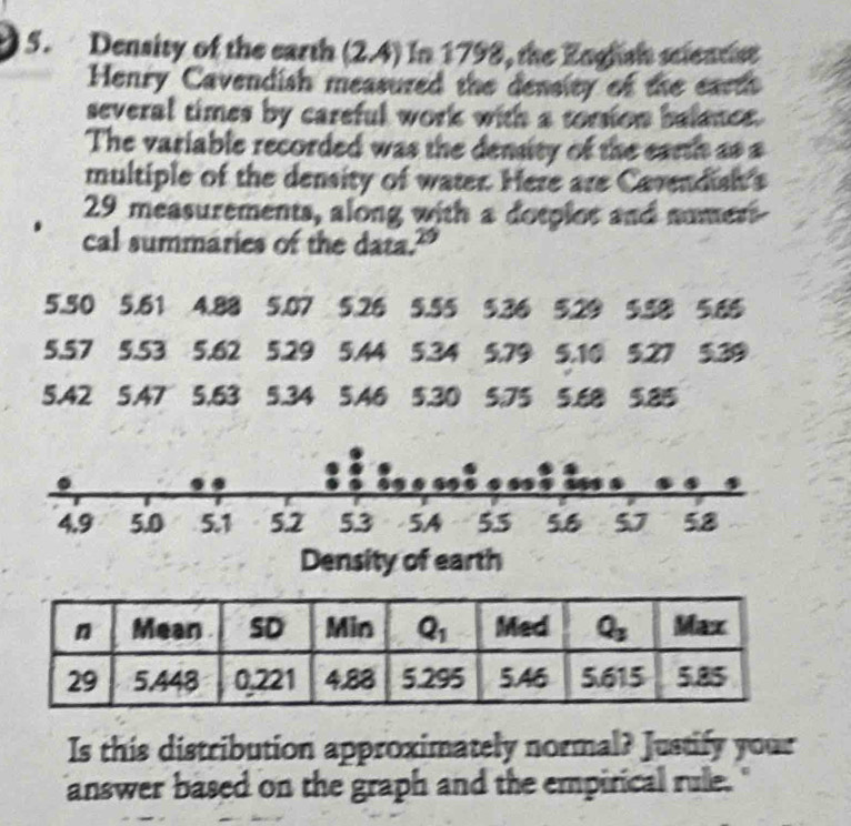 Density of the earth (2.4) In 1798, the Enghsh seientist
Henry Cavendish measured the density of the earts
several times by careful work with a torsion balance.
The variable recorded was the density of the earth as a
multiple of the density of water. Here are Cavendish's
29 measurements, along with a doeplos and nument
cal summaries of the data.”
Is this distribution approximately normal? Justify your
answer based on the graph and the empirical rule. "