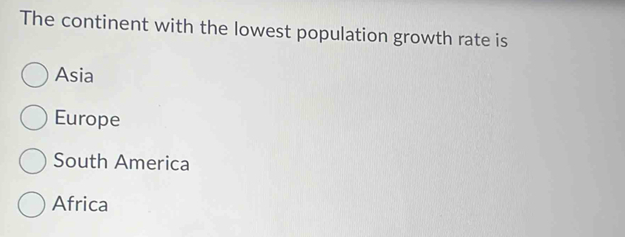 The continent with the lowest population growth rate is
Asia
Europe
South America
Africa