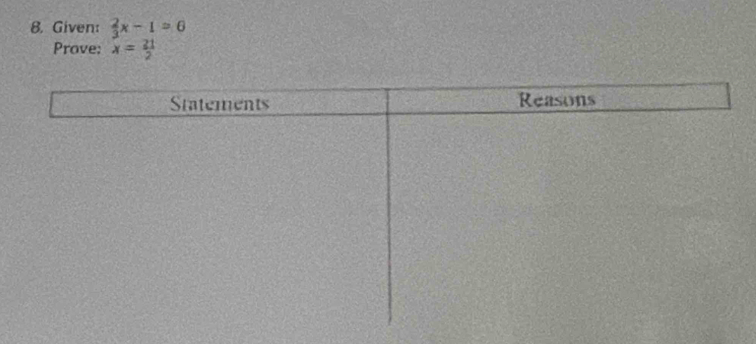 Given:  2/3 x-1=6
Prove: x= 21/2 